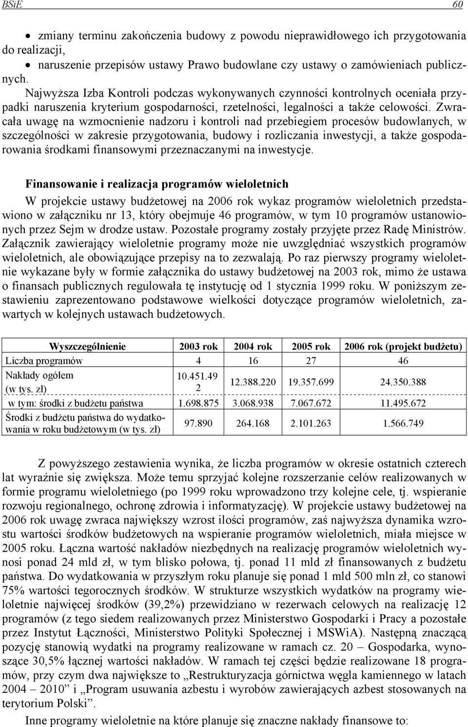 Zwracała uwagę na wzmocnienie nadzoru i kontroli nad przebiegiem procesów budowlanych, w szczególności w zakresie przygotowania, budowy i rozliczania inwestycji, a także gospodarowania środkami