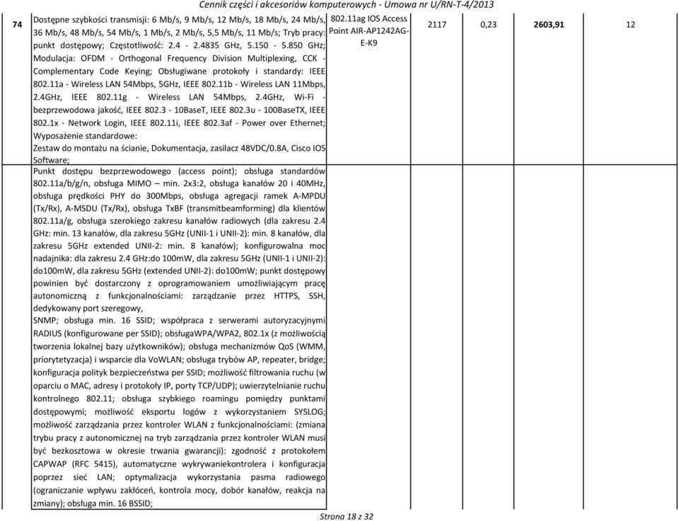 850 GHz; E-K9 Modulacja: OFDM - Orthogonal Frequency Division Multiplexing, CCK - Complementary Code Keying; Obsługiwane protokoły i standardy: IEEE 802.11a - Wireless LAN 54Mbps, 5GHz, IEEE 802.