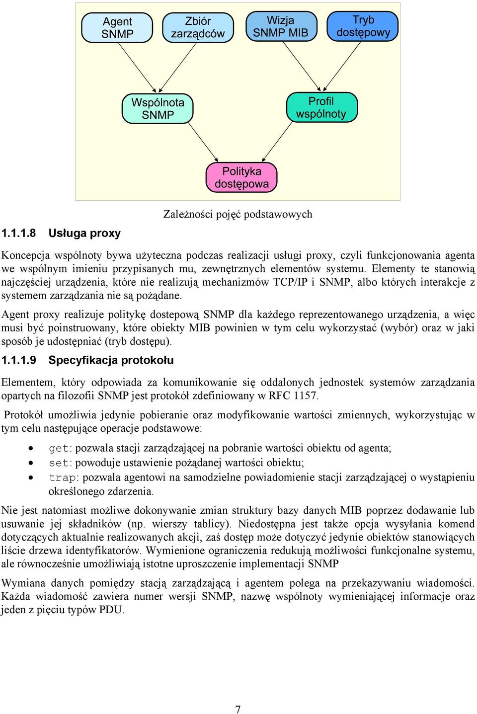 Agent proxy realizuje politykę dostepową SNMP dla każdego reprezentowanego urządzenia, a więc musi być poinstruowany, które obiekty MIB powinien w tym celu wykorzystać (wybór) oraz w jaki sposób je