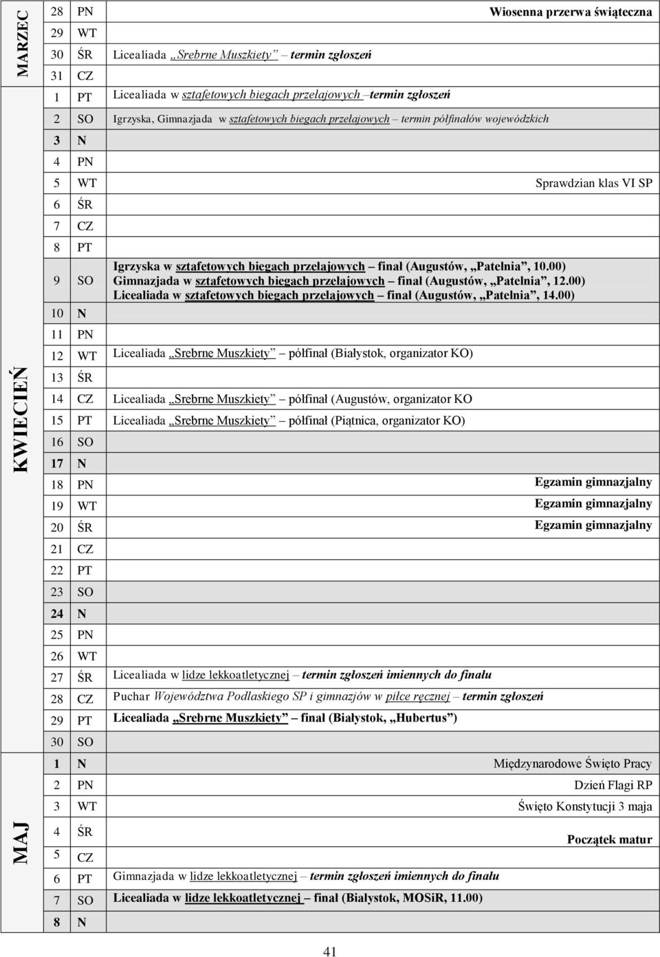 (Augustów, Patelnia, 10.00) Gimnazjada w sztafetowych biegach przełajowych finał (Augustów, Patelnia, 12.00) Licealiada w sztafetowych biegach przełajowych finał (Augustów, Patelnia, 14.