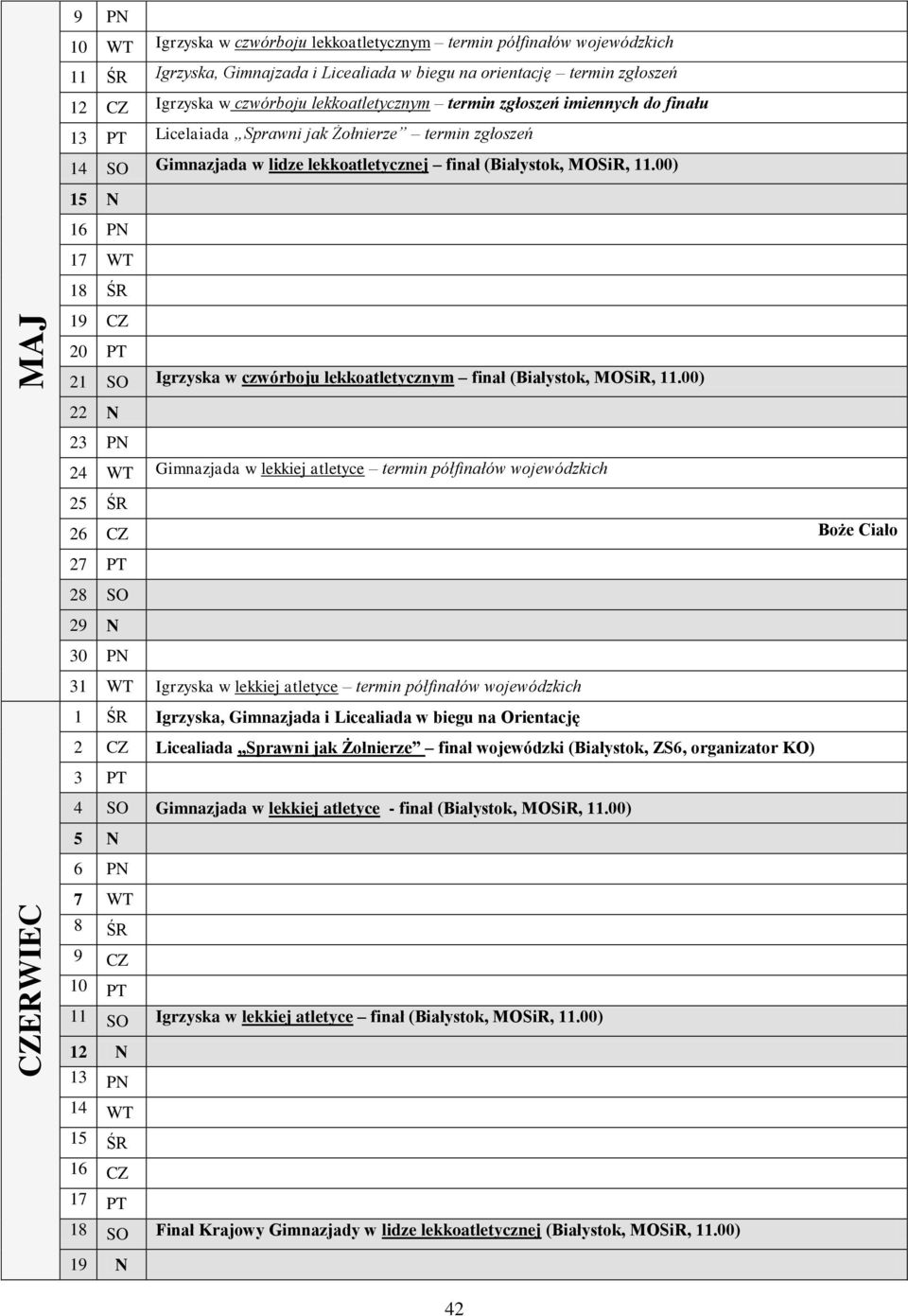 00) 15 N 16 PN 17 WT 18 ŚR 19 CZ 20 PT 21 SO Igrzyska w czwórboju lekkoatletycznym finał (Białystok, MOSiR, 11.