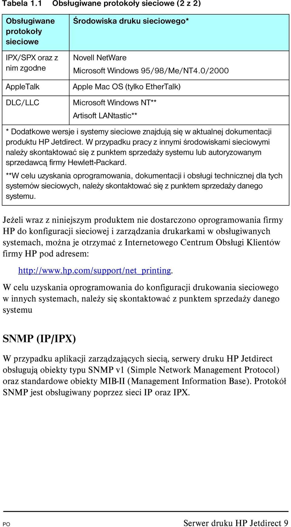 W przypadku pracy z innymi środowiskami sieciowymi należy skontaktować się z punktem sprzedaży systemu lub autoryzowanym sprzedawcą firmy Hewlett-Packard.