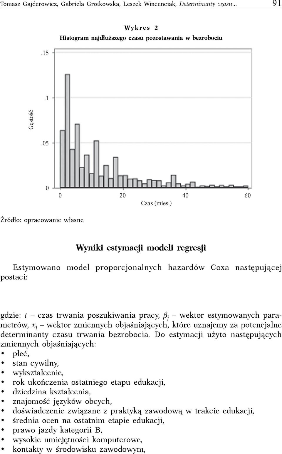 estymowanych parametrów, x j wektor zmiennych objaśniających, które uznajemy za potencjalne determinanty czasu trwania bezrobocia.