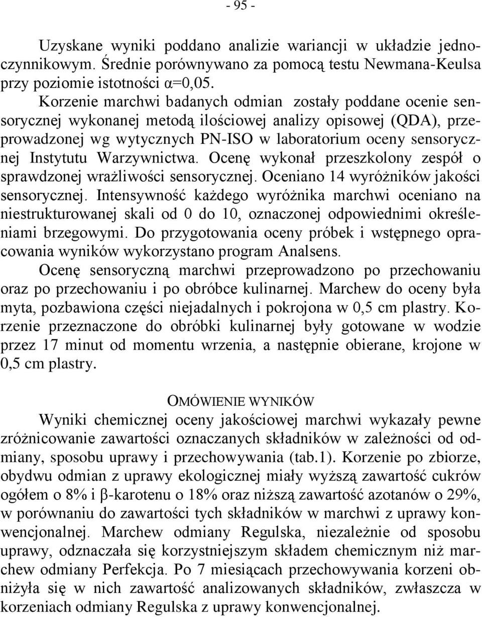 Instytutu Warzywnictwa. Ocenę wykonał przeszkolony zespół o sprawdzonej wrażliwości sensorycznej. Oceniano 14 wyróżników jakości sensorycznej.