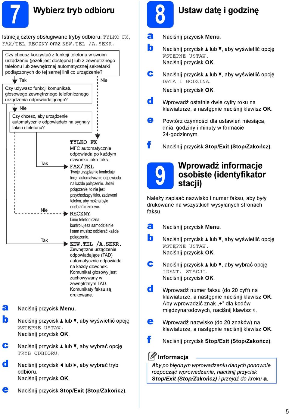 Powtórz zynnośi l ustwiń misią, ni, goziny i minuty w formi 24-gozinnym. Niśnij przyisk Stop/Exit (Stop/Zkońz). FAX/TEL 9 Wprowź informj osoist (intyfiktor stji) Niśnij przyisk Mnu. RĘCZNY ZEW.TEL /A.