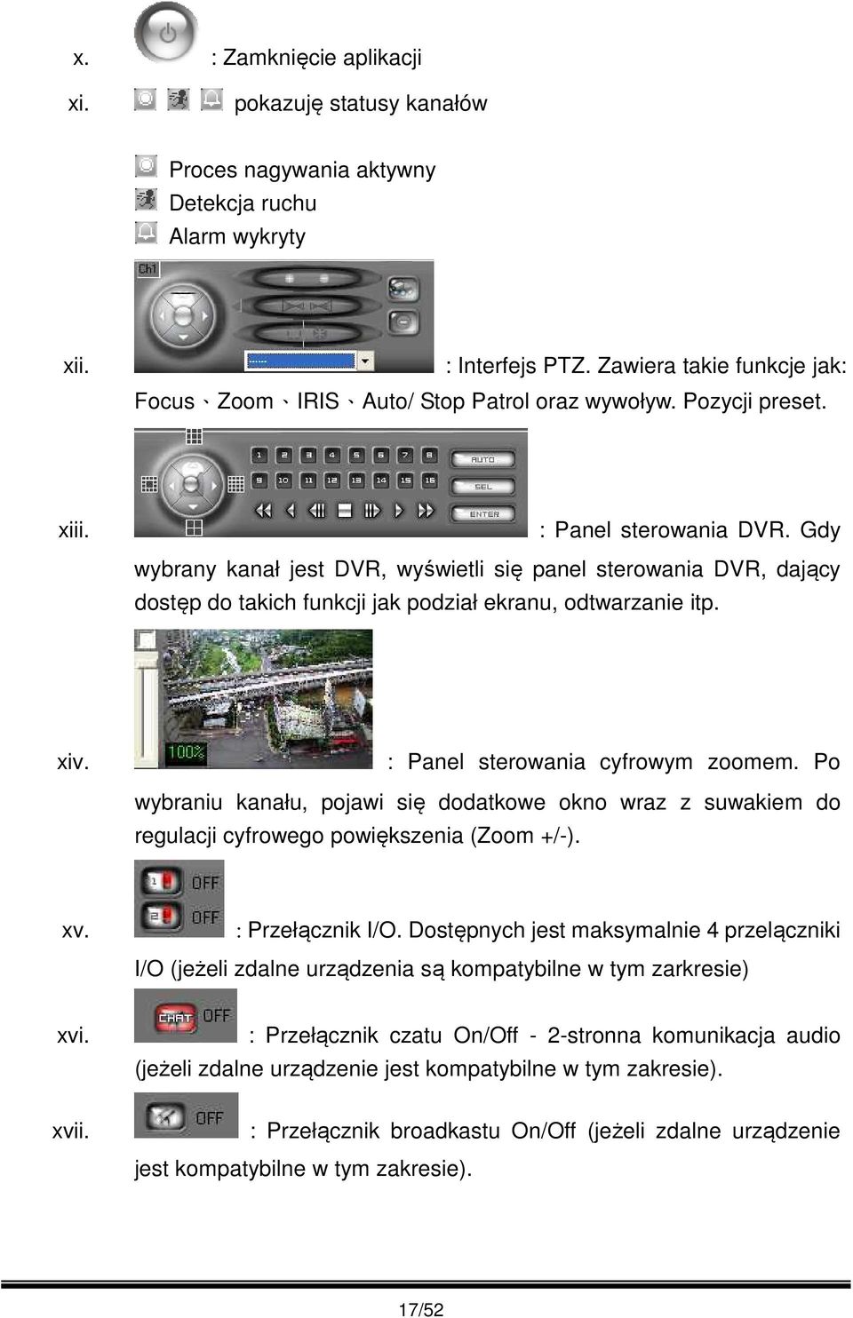 Gdy wybrany kanał jest DVR, wyświetli się panel sterowania DVR, dający dostęp do takich funkcji jak podział ekranu, odtwarzanie itp. xiv. : Panel sterowania cyfrowym zoomem.