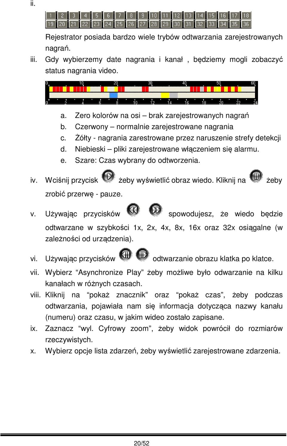 Niebieski pliki zarejestrowane włączeniem się alarmu. e. Szare: Czas wybrany do odtworzenia. iv. Wciśnij przycisk żeby wyświetlić obraz wiedo. Kliknij na żeby zrobić przerwę - pauze. v.