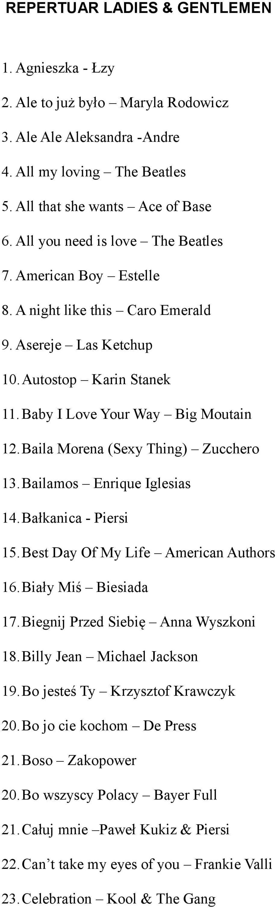 Baila Morena (Sexy Thing) Zucchero 13.Bailamos Enrique Iglesias 14.Bałkanica - Piersi 15.Best Day Of My Life American Authors 16.Biały Miś Biesiada 17.Biegnij Przed Siebię Anna Wyszkoni 18.