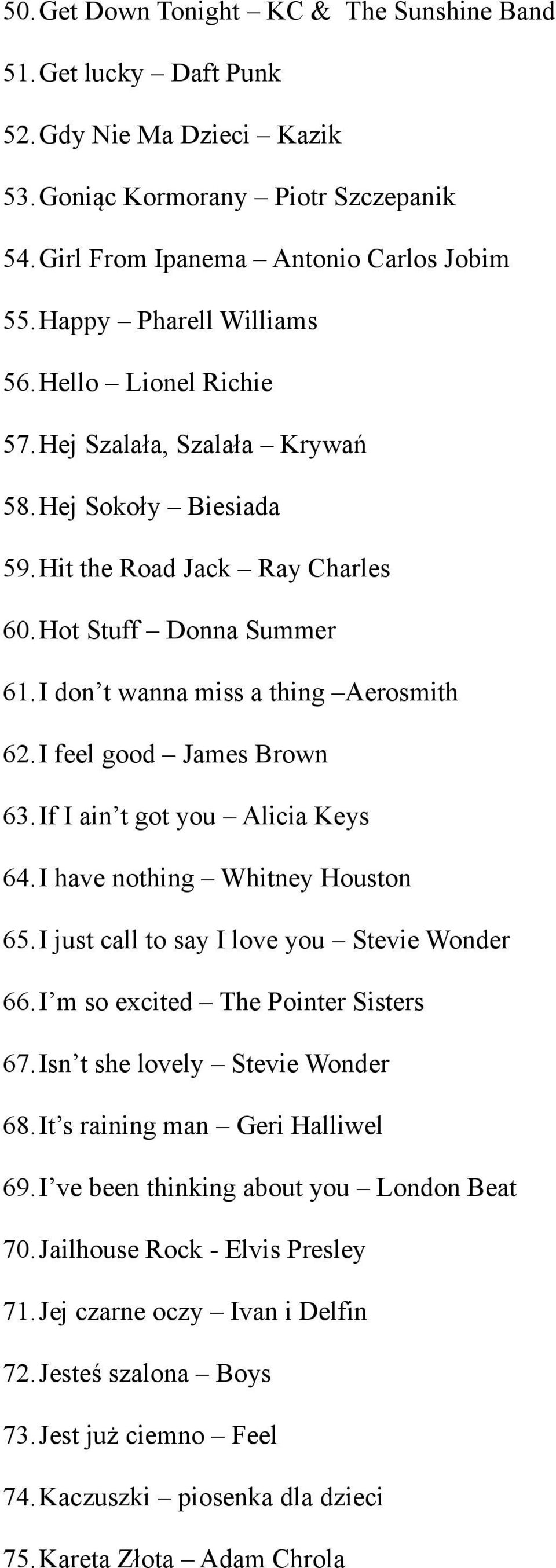 I don t wanna miss a thing Aerosmith 62.I feel good James Brown 63.If I ain t got you Alicia Keys 64.I have nothing Whitney Houston 65.I just call to say I love you Stevie Wonder 66.