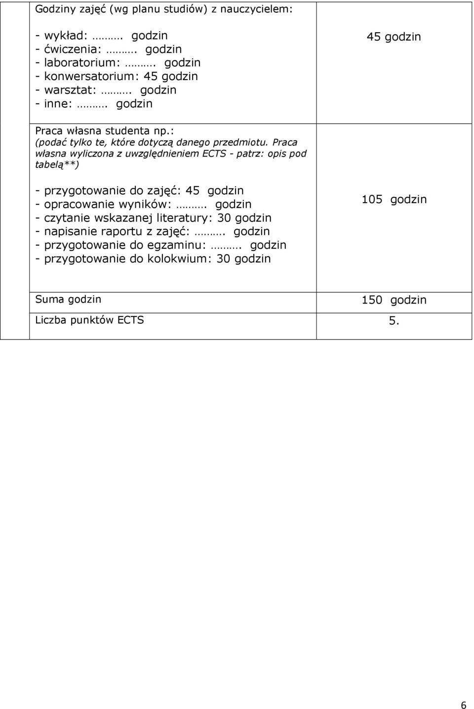 Praca własna wyliczona z uwzględnieniem ECTS - patrz: opis pod tabelą**) - przygotowanie do zajęć: 45 godzin - opracowanie wyników:.