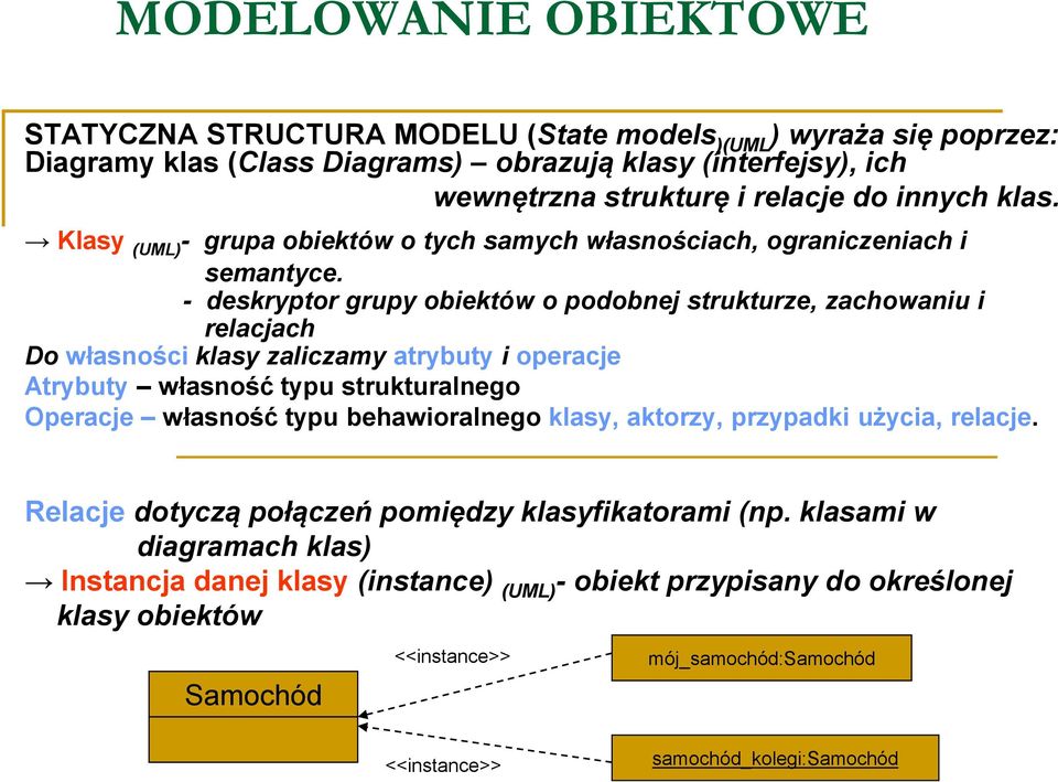 - deskryptor grupy obiektów o podobnej strukturze, zachowaniu i relacjach Do własności klasy zaliczamy atrybuty i operacje Atrybuty własność typu strukturalnego Operacje własność typu
