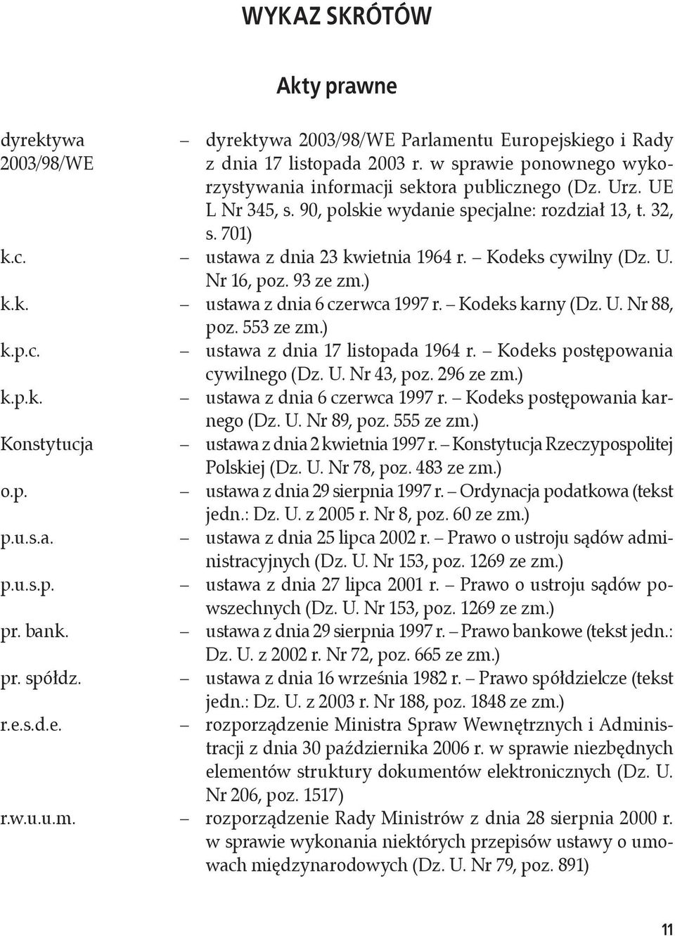 Kodeks cywilny (Dz. U. Nr 16, poz. 93 ze zm.) k.k. ustawa z dnia 6 czerwca 1997 r. Kodeks karny (Dz. U. Nr 88, poz. 553 ze zm.) k.p.c. ustawa z dnia 17 listopada 1964 r.