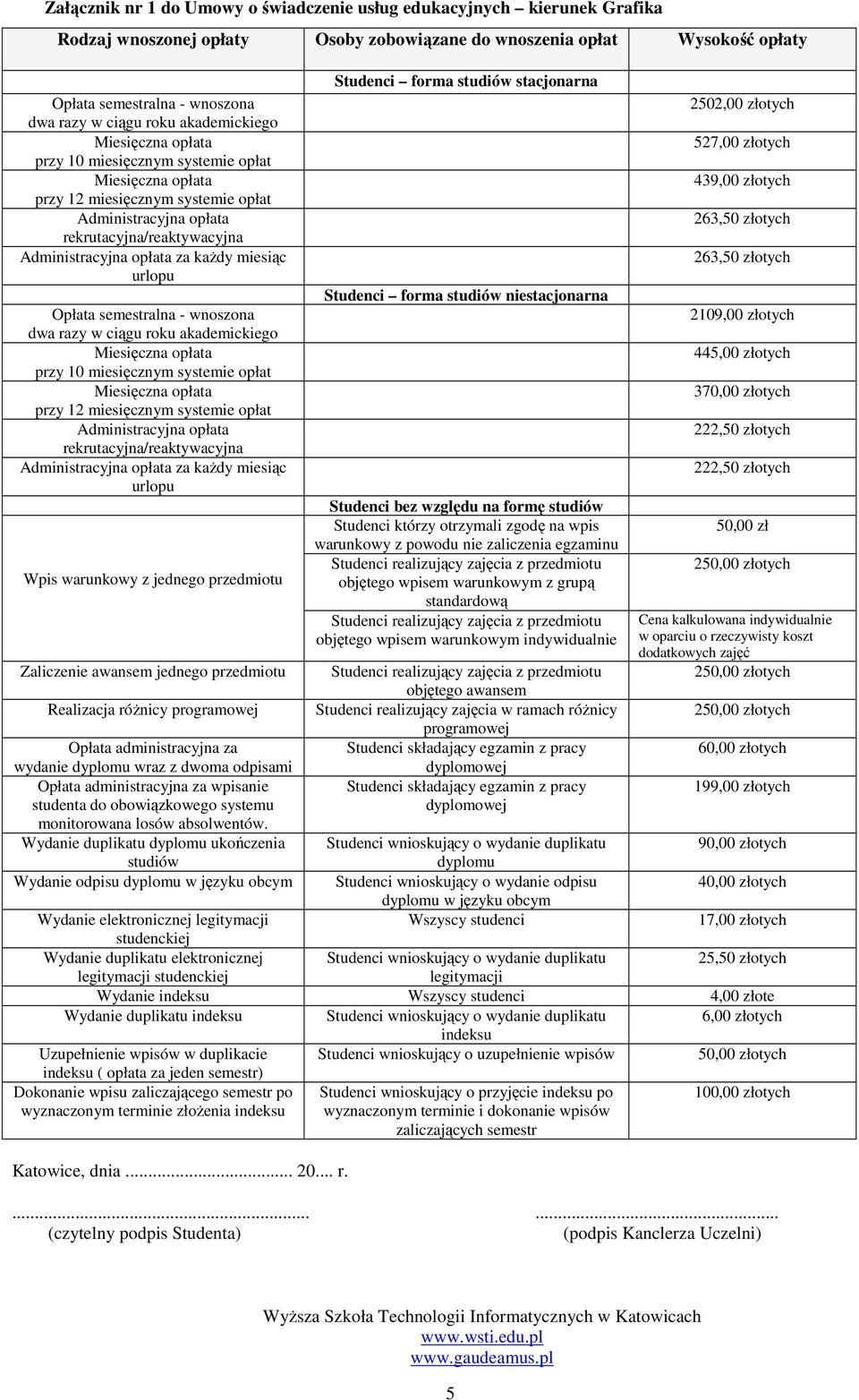 semestralna - wnoszona dwa razy w ciągu roku akademickiego przy 10 miesięcznym systemie opłat przy 12 miesięcznym systemie opłat Administracyjna opłata rekrutacyjna/reaktywacyjna Administracyjna