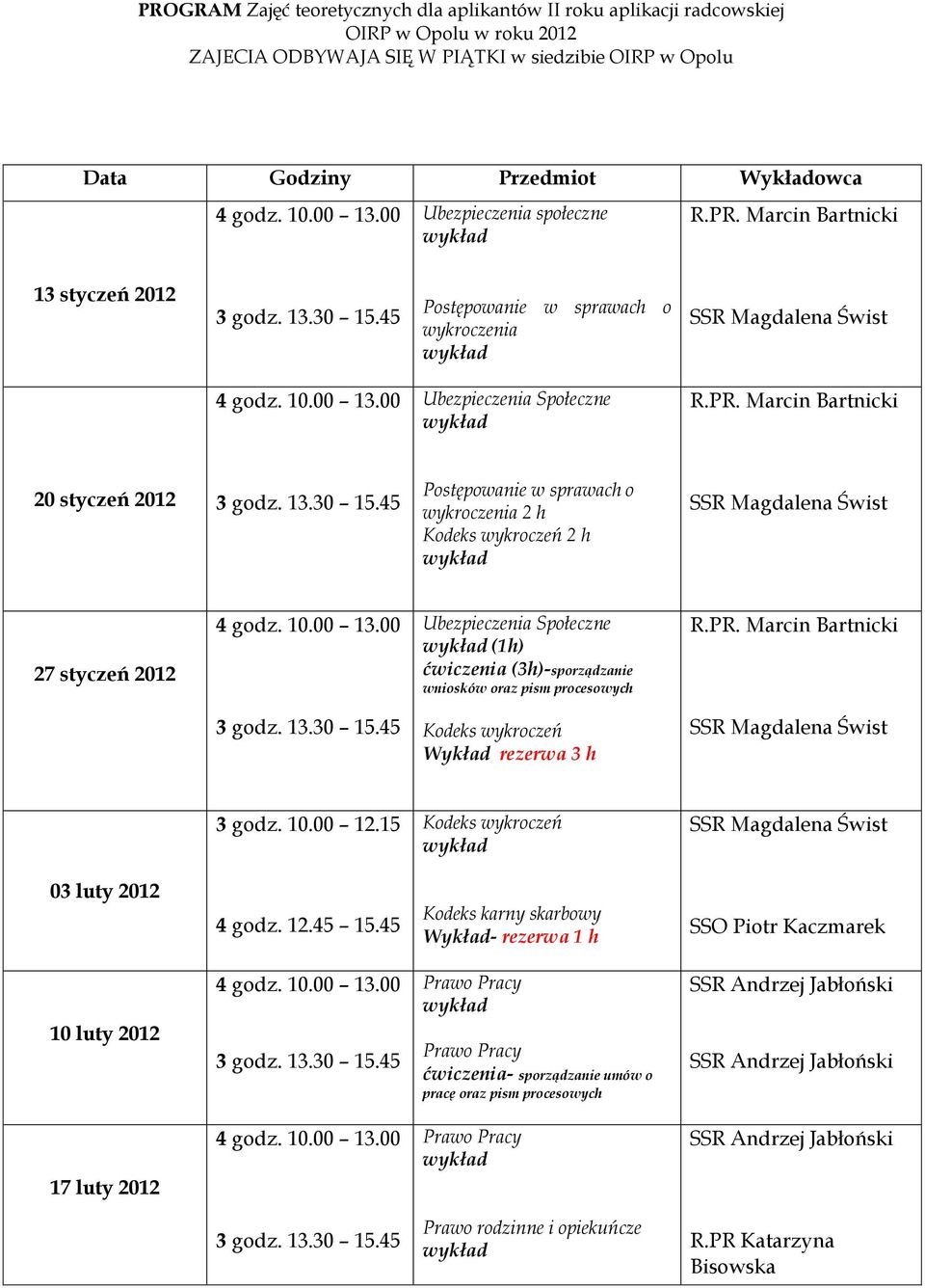 w sprawach o wykroczenia 2 h Kodeks wykroczeń 2 h 27 styczeń 2012 Ubezpieczenia Społeczne (1h) (3h)-sporządzanie wniosków oraz pism procesowych Kodeks