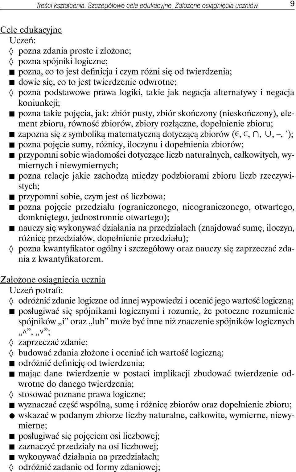 podstawowe prawa logiki, takie jak negacja alternatywy i negacja koniunkcji; pozna takie pojęcia, jak: zbiór pusty, zbiór skończony (nieskończony), element zbioru, równość zbiorów, zbiory rozłączne,