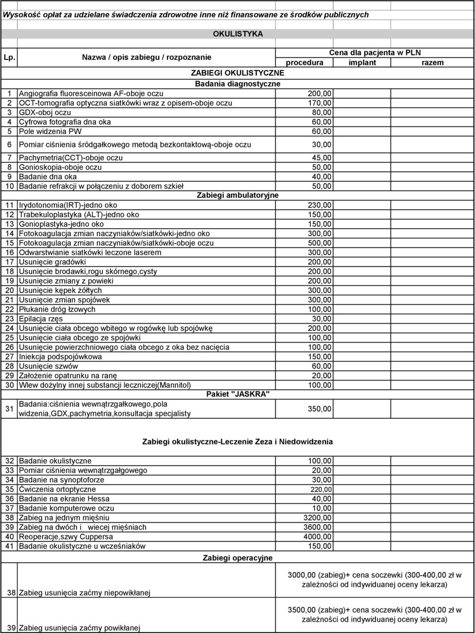 bezkontaktową-oboje oczu 30,00 7 Pachymetria(CCT)-oboje oczu 45,00 8 Gonioskopia-oboje oczu 50,00 9 Badanie dna oka 40,00 10 Badanie refrakcji w połączeniu z doborem szkieł 50,00 Zabiegi