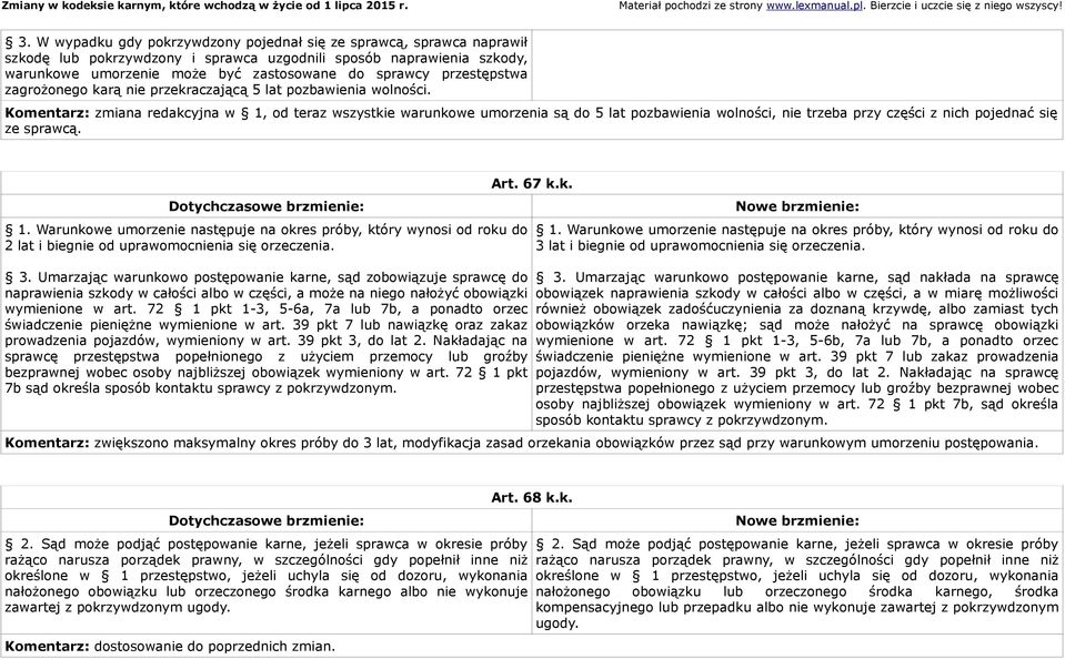 zmiana redakcyjna w 1, od teraz wszystkie warunkowe umorzenia są do 5 lat pozbawienia wolności, nie trzeba przy części z nich pojednać się ze sprawcą. 1. Warunkowe umorzenie następuje na okres próby, który wynosi od roku do 2 lat i biegnie od uprawomocnienia się orzeczenia.