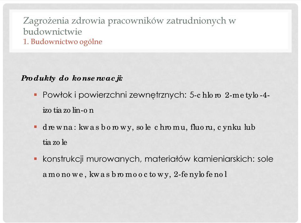 5-chloro 2-metylo-4- izotiazolin-on drewna: kwas borowy, sole chromu, fluoru, cynku