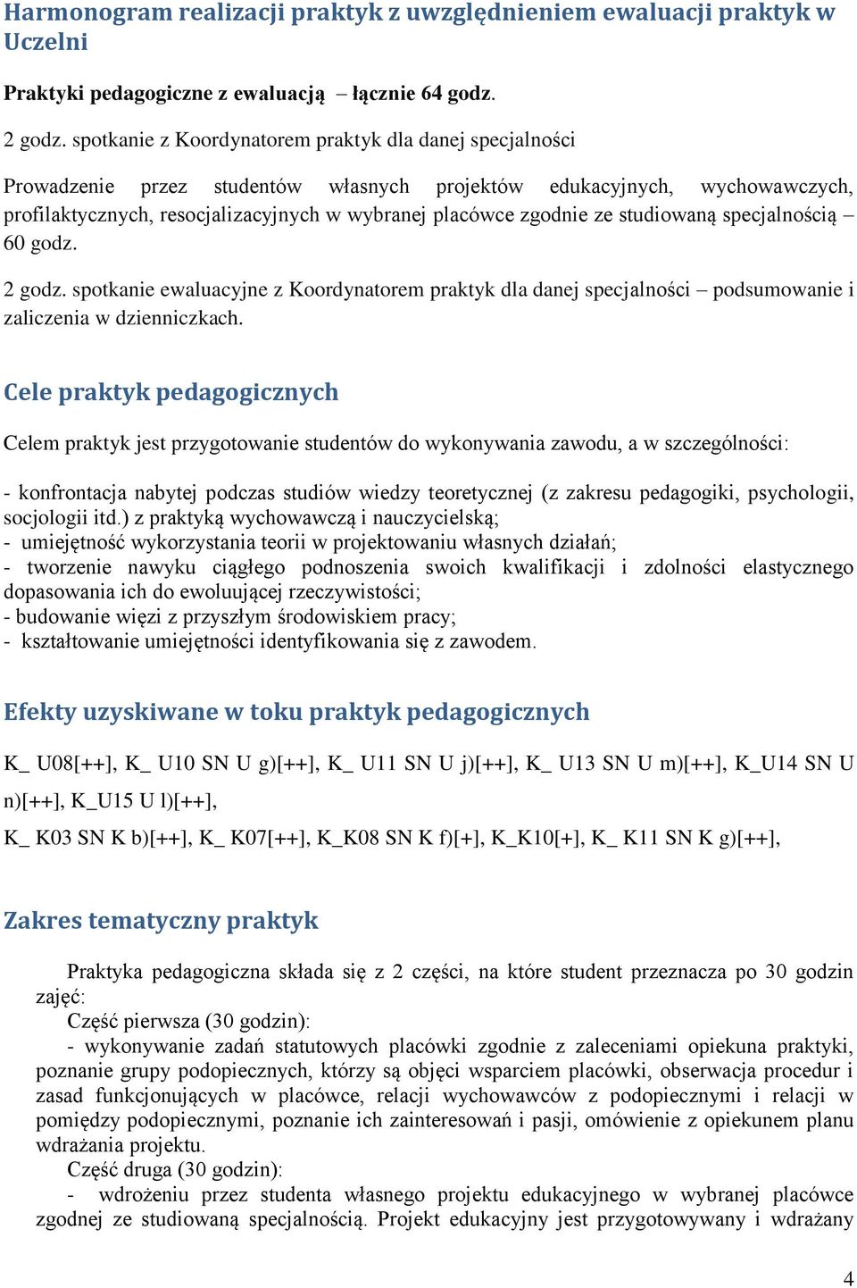 ze studiowaną specjalnością 60 godz. 2 godz. spotkanie ewaluacyjne z Koordynatorem praktyk dla danej specjalności podsumowanie i zaliczenia w dzienniczkach.