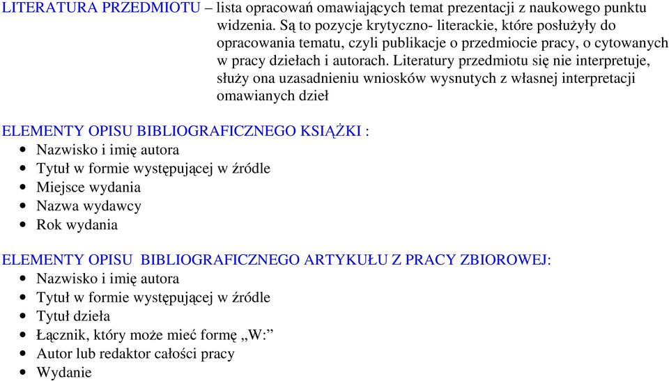 Literatury przedmiotu się nie interpretuje, służy ona uzasadnieniu wniosków wysnutych z własnej interpretacji omawianych dzieł ELEMENTY OPISU BIBLIOGRAFICZNEGO KSIĄŻKI : Nazwisko i