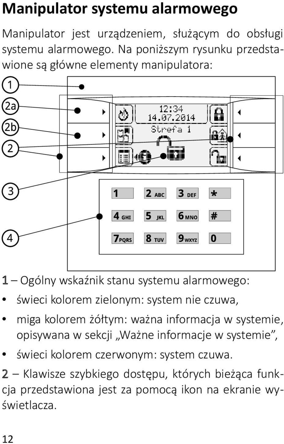 zielonym: system nie czuwa, miga kolorem żółtym: ważna informacja w systemie, opisywana w sekcji Ważne informacje w systemie,