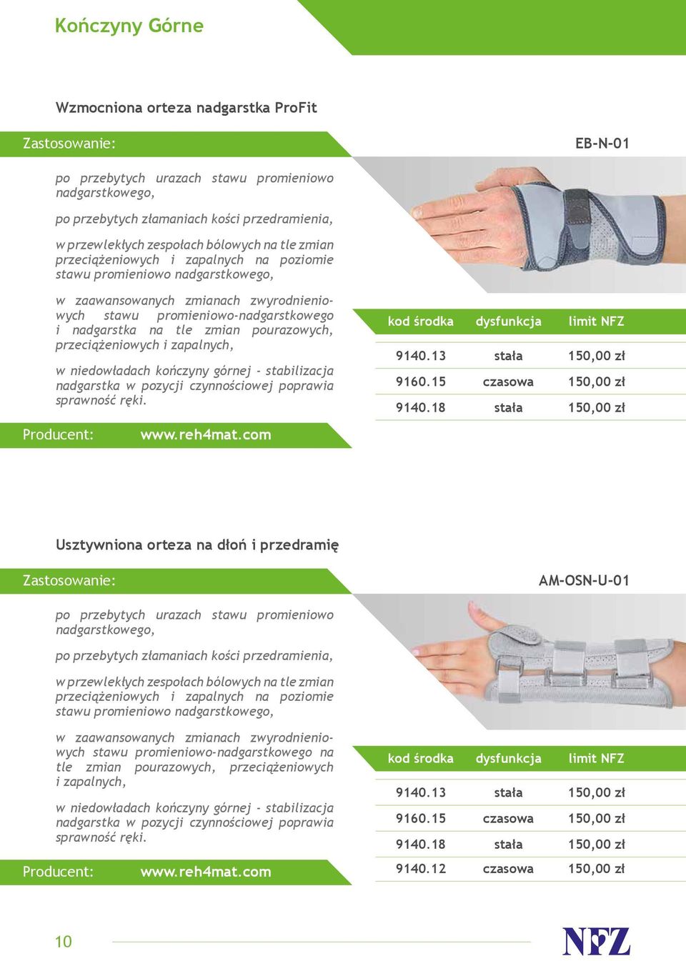 przeciążeniowych i zapalnych, w niedowładach kończyny górnej - stabilizacja nadgarstka w pozycji czynnościowej poprawia sprawność ręki. 9140.13 9160.15 9140.