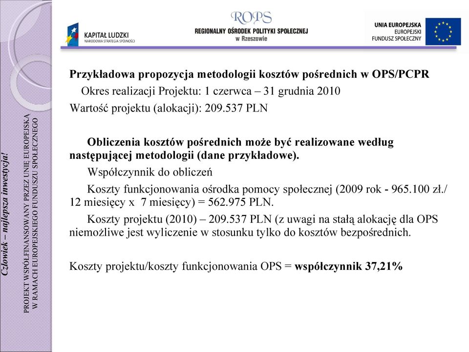 Współczynnik do obliczeń Koszty funkcjonowania ośrodka pomocy społecznej (2009 rok - 965.100 zł./ 12 miesięcy x 7 miesięcy) = 562.975 PLN.