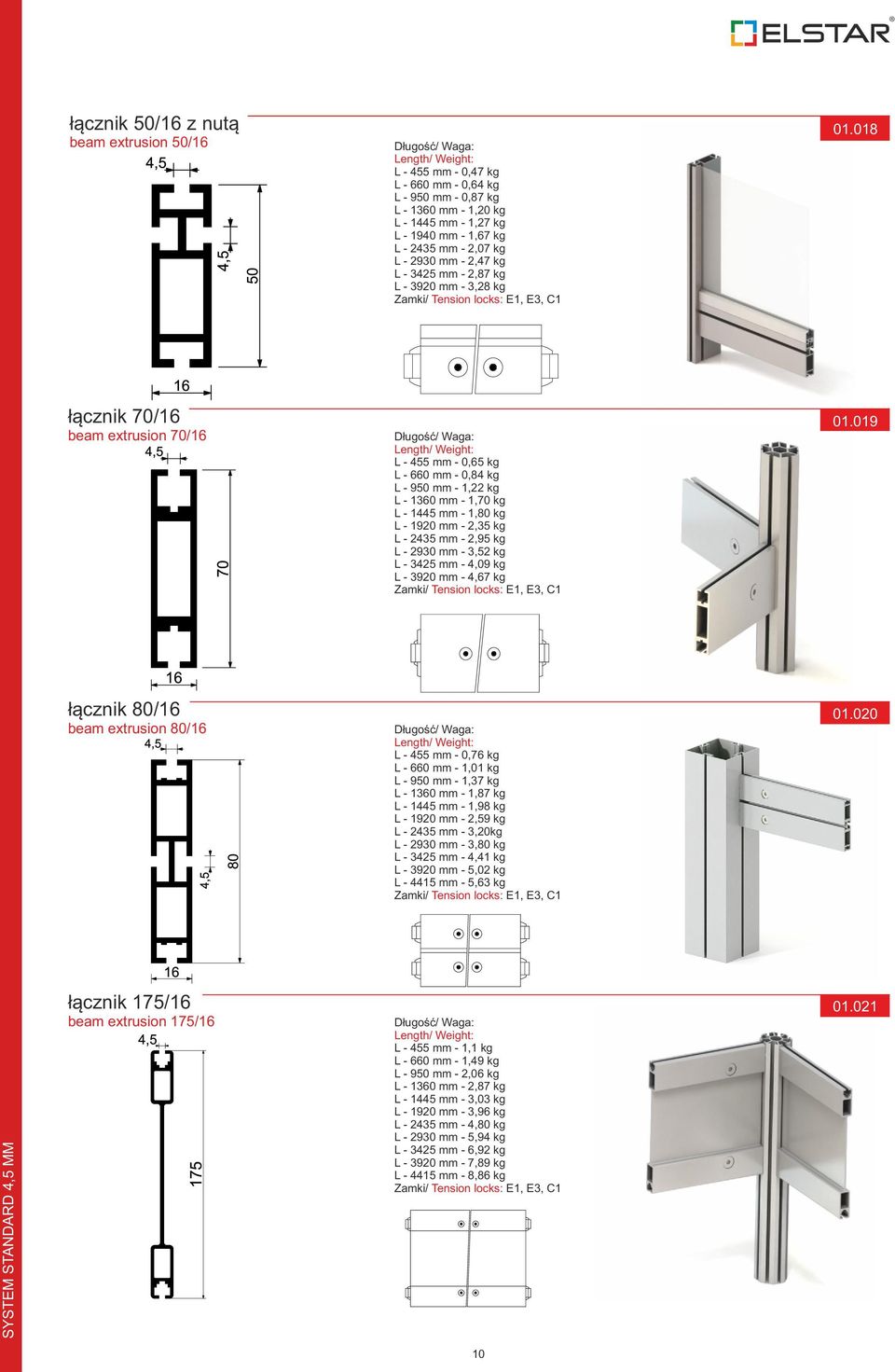 018 łącznik 70/16 beam extrusion 70/16 Długość/ Waga: Length/ Weight: L - 455 mm - 0,65 kg L - 660 mm - 0,84 kg L - 950 mm - 1,22 kg L - 1360 mm - 1,70 kg L - 1445 mm - 1,80 kg L - 1920 mm - 2,35 kg