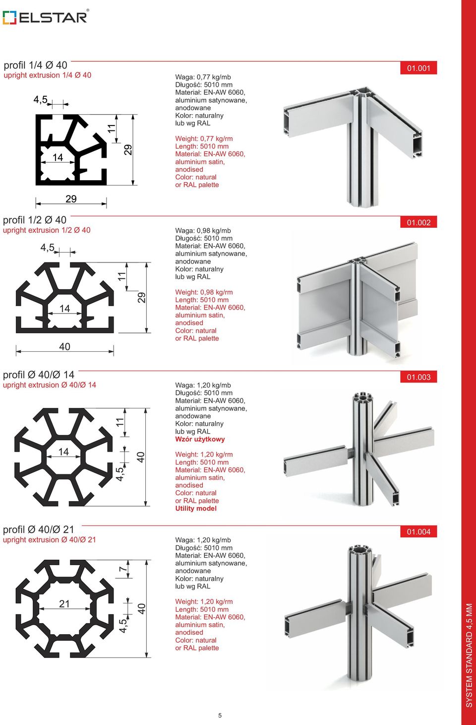 001 profil 1/2 Ø 40 upright extrusion 1/2 Ø 40 Waga: 0,98 kg/mb Długość: 5010 mm Materiał: EN-AW 6060, aluminium satynowane, anodowane Kolor: naturalny lub wg RAL Weight: 0,98 kg/rm Length: 5010 mm