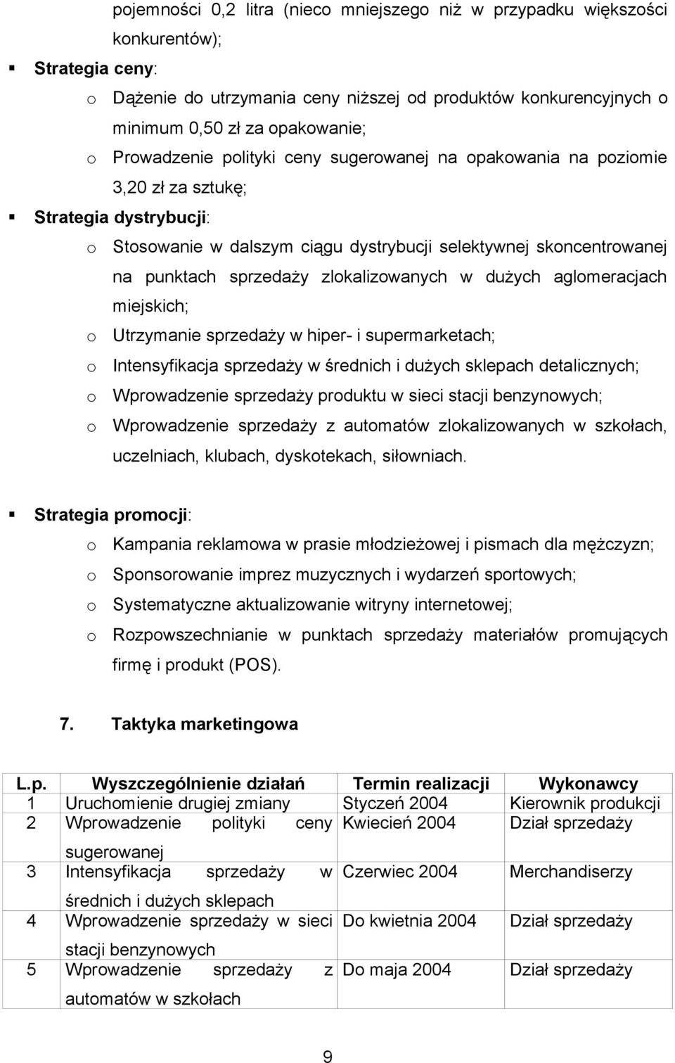 zlokalizowanych w dużych aglomeracjach miejskich; o Utrzymanie sprzedaży w hiper- i supermarketach; o Intensyfikacja sprzedaży w średnich i dużych sklepach detalicznych; o Wprowadzenie sprzedaży