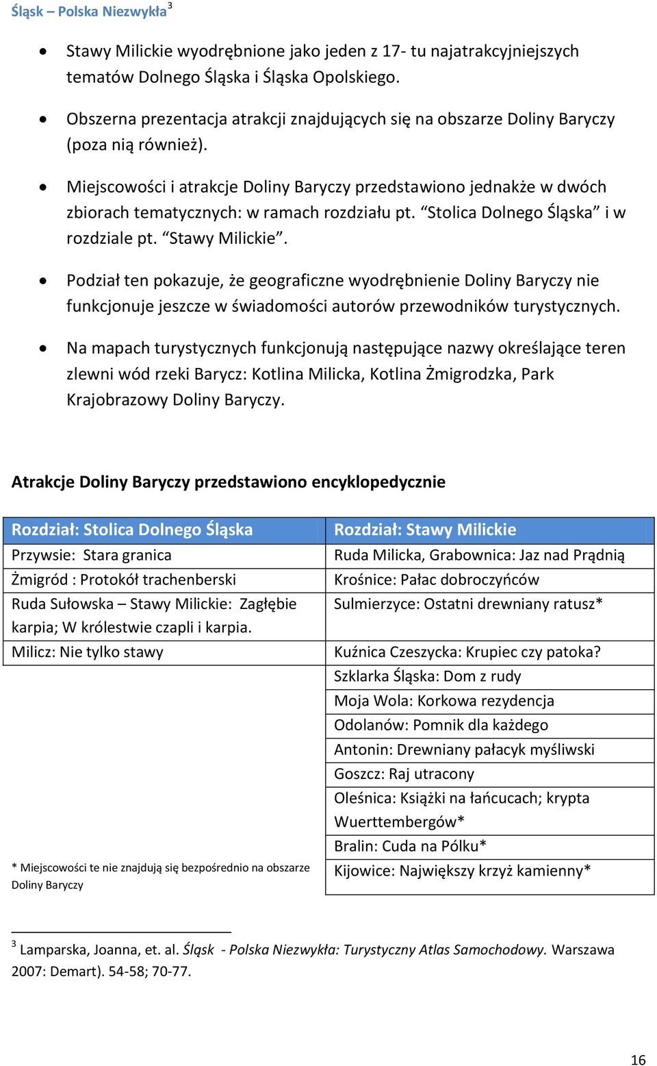 Miejscowości i atrakcje Doliny Baryczy przedstawiono jednakże w dwóch zbiorach tematycznych: w ramach rozdziału pt. Stolica Dolnego Śląska i w rozdziale pt. Stawy Milickie.