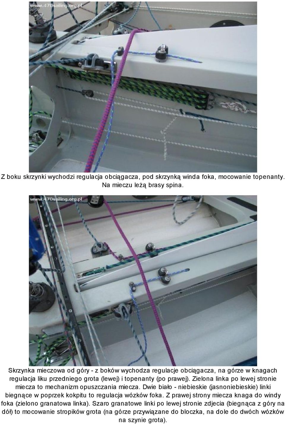 Zielona linka po lewej stronie miecza to mechanizm opuszczania miecza. Dwie biało - niebieskie (jasnoniebieskie) linki biegnące w poprzek kokpitu to regulacja wózków foka.