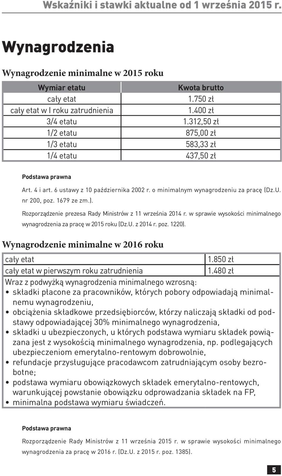 Rozporządzenie prezesa Rady Ministrów z 11 września 2014 r. w sprawie wysokości minimalnego wynagrodzenia za pracę w 2015 roku (Dz.U. z 2014 r. poz. 1220).