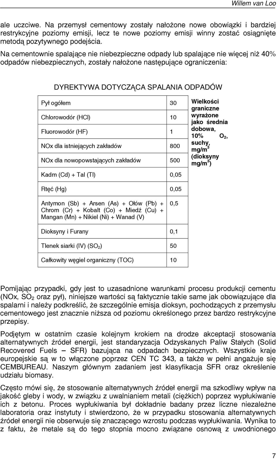 30 Chlorowodór (HCl) 10 Fluorowodór (HF) 1 NOx dla istniejących zakładów 800 NOx dla nowopowstających zakładów 500 Kadm (Cd) + Tal (Tl) 0,05 Wielkości graniczne wyrażone jako średnia dobowa, 10% O 2,