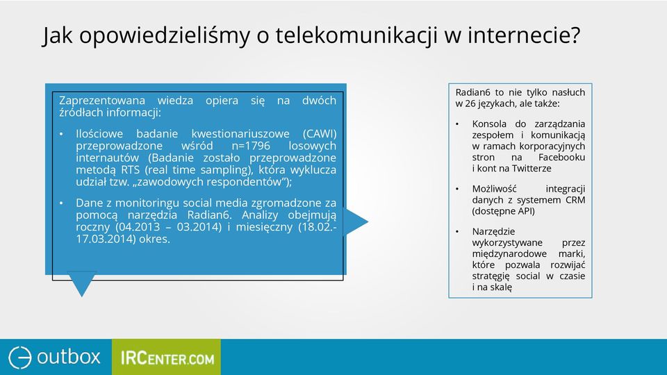 (real time sampling), która wyklucza udział tzw. zawodowych respondentów ); Dane z monitoringu social media zgromadzone za pomocą narzędzia Radian6. Analizy obejmują roczny (04.2013 03.