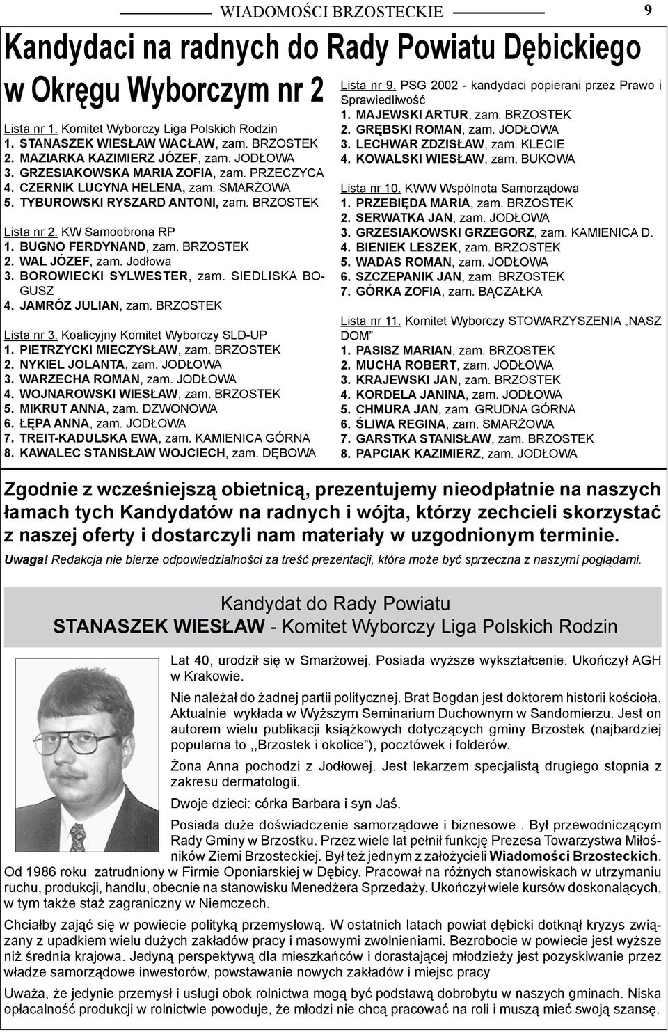 Brzostek Lista nr 3. Koalicyjny Komitet Wyborczy SLD-UP 1. Pietrzycki Mieczysław, zam. Brzostek 2. Nykiel Jolanta, zam. Jodłowa 3. Warzecha Roman, zam. Jodłowa 4. Wojnarowski Wiesław, zam. Brzostek 5.