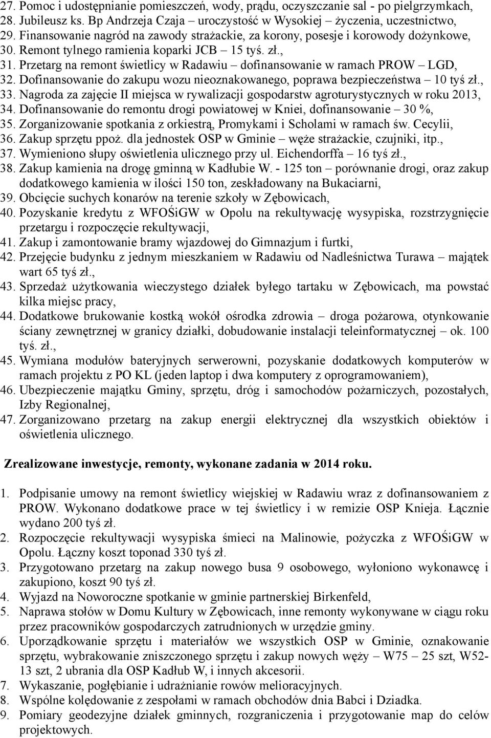 Przetarg na remont świetlicy w Radawiu dofinansowanie w ramach PROW LGD, 32. Dofinansowanie do zakupu wozu nieoznakowanego, poprawa bezpieczeństwa 10 tyś zł., 33.