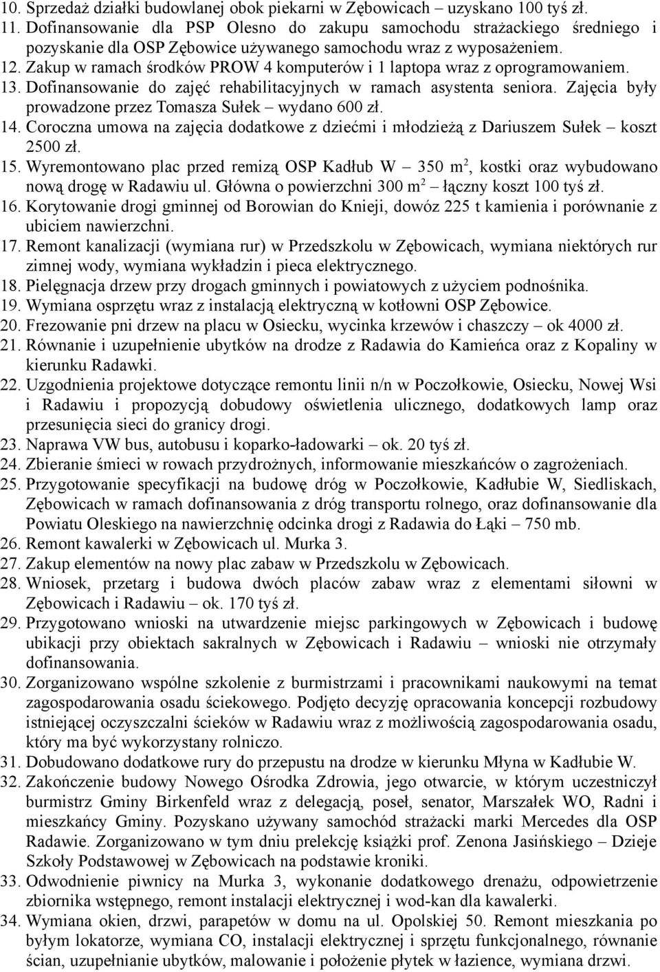 Zakup w ramach środków PROW 4 komputerów i 1 laptopa wraz z oprogramowaniem. 13. Dofinansowanie do zajęć rehabilitacyjnych w ramach asystenta seniora.