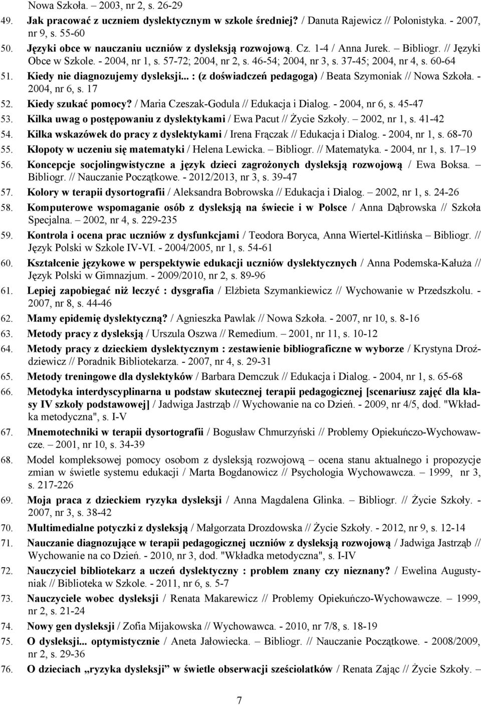 60-64 51. Kiedy nie diagnozujemy dysleksji... : (z doświadczeń pedagoga) / Beata Szymoniak // Nowa Szkoła. - 2004, nr 6, s. 17 52. Kiedy szukać pomocy? / Maria Czeszak-Godula // Edukacja i Dialog.