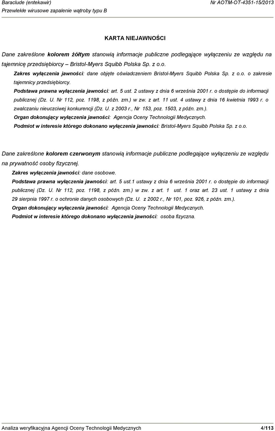 zm.) w zw. z art. 11 ust. 4 ustawy z dnia 16 kwietnia 1993 r. o zwalczaniu nieuczciwej konkurencji (Dz. U. z 2003 r., Nr 153, poz. 1503, z późn. zm.). Organ dokonujący wyłączenia jawności: Agencja Oceny Technologii Medycznych.