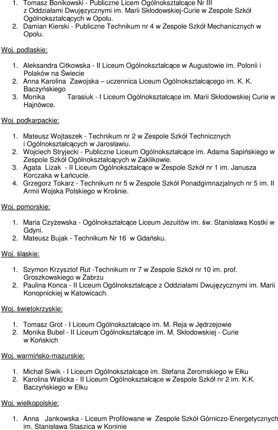 Anna Karolina Zawojska uczennica Liceum Ogólnokształcącego im. K. K. Baczyńskiego 3. Monika Tarasiuk - I Liceum Ogólnokształcące im. Marii Skłodowskiej Curie w Hajnówce. Woj. podkarpackie: 1.