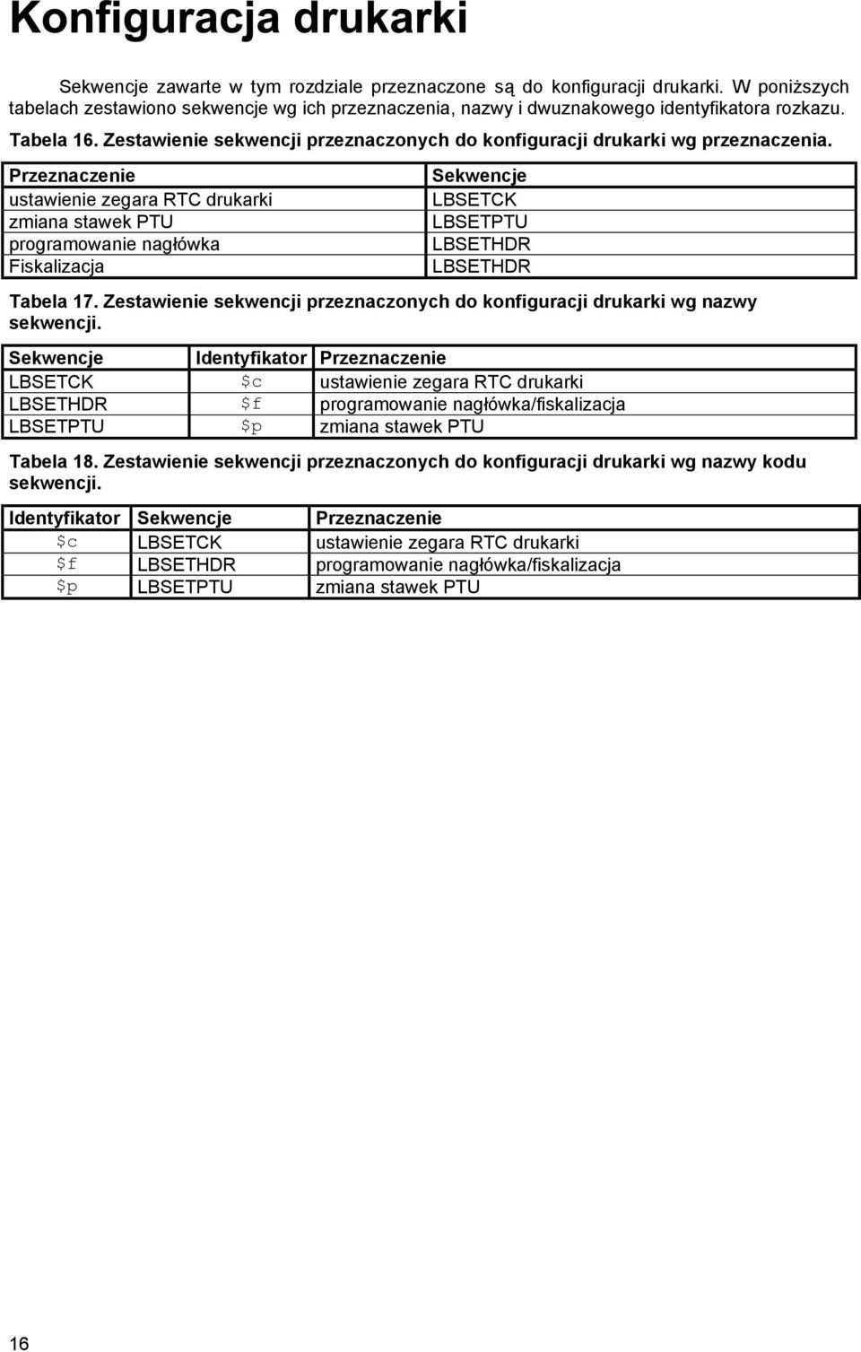 Przeznaczenie ustawienie zegara RTC drukarki zmiana stawek PTU programowanie nagłó wka Fiskalizacja Sekwencje LBSETCK LBSETPTU LBSETHDR LBSETHDR Tabela 17.