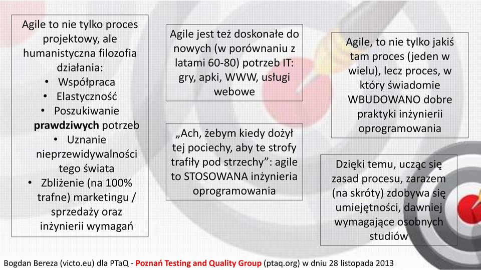 Ach, żebym kiedy dożył tej pociechy, aby te strofy trafiły pod strzechy : agile to STOSOWANA inżynieria oprogramowania Agile, to nie tylko jakiś tam proces (jeden w wielu), lecz