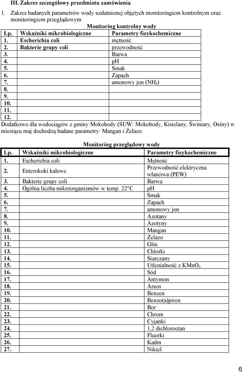 Dodatkowo dla wodociągów z gminy Mokobody (SUW: Mokobody, Kisielany, Świniary, Osiny) w miesiącu maj dochodzą badane parametry: Mangan i Żelazo. Monitoring przeglądowy wody Lp.