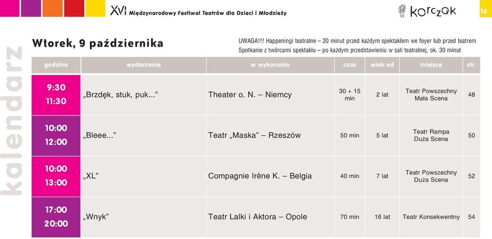 !! Happeningi teatralne 20 minut przed każdym spektaklem we foyer lub przed teatrem Spotkanie z twórcami spektaklu po każdym przedstawieniu w sali teatralnej, ok.