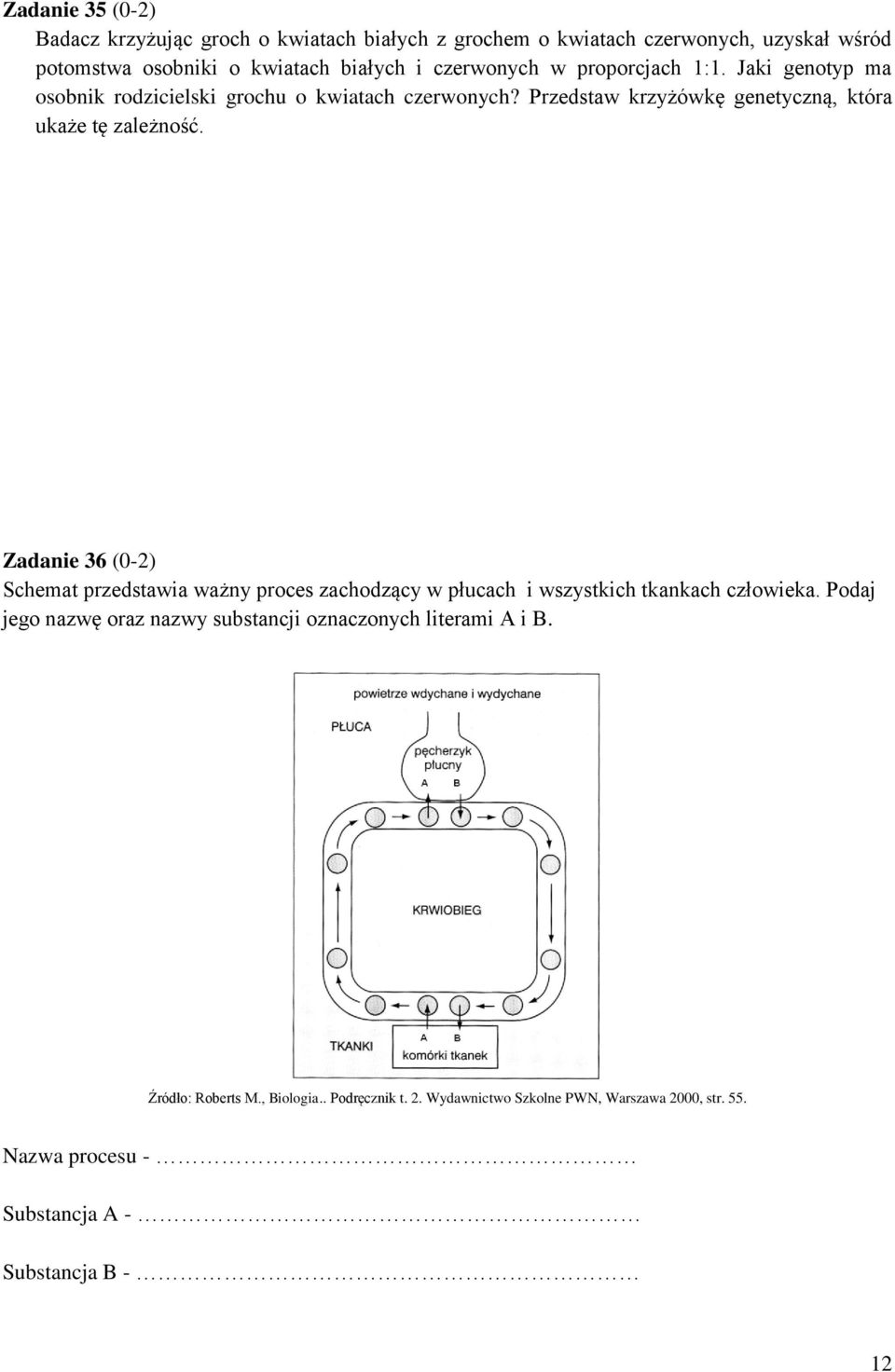 Zadanie 36 (0-2) Schemat przedstawia ważny proces zachodzący w płucach i wszystkich tkankach człowieka.