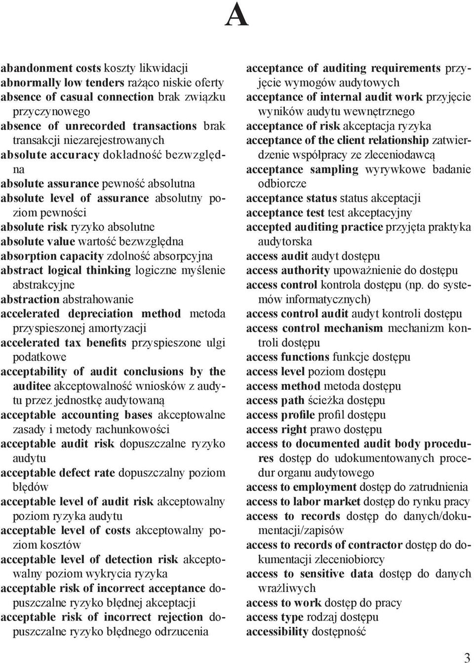 wartość bezwzględna absorption capacity zdolność absorpcyjna abstract logical thinking logiczne myślenie abstrakcyjne abstraction abstrahowanie accelerated depreciation method metoda przyspieszonej