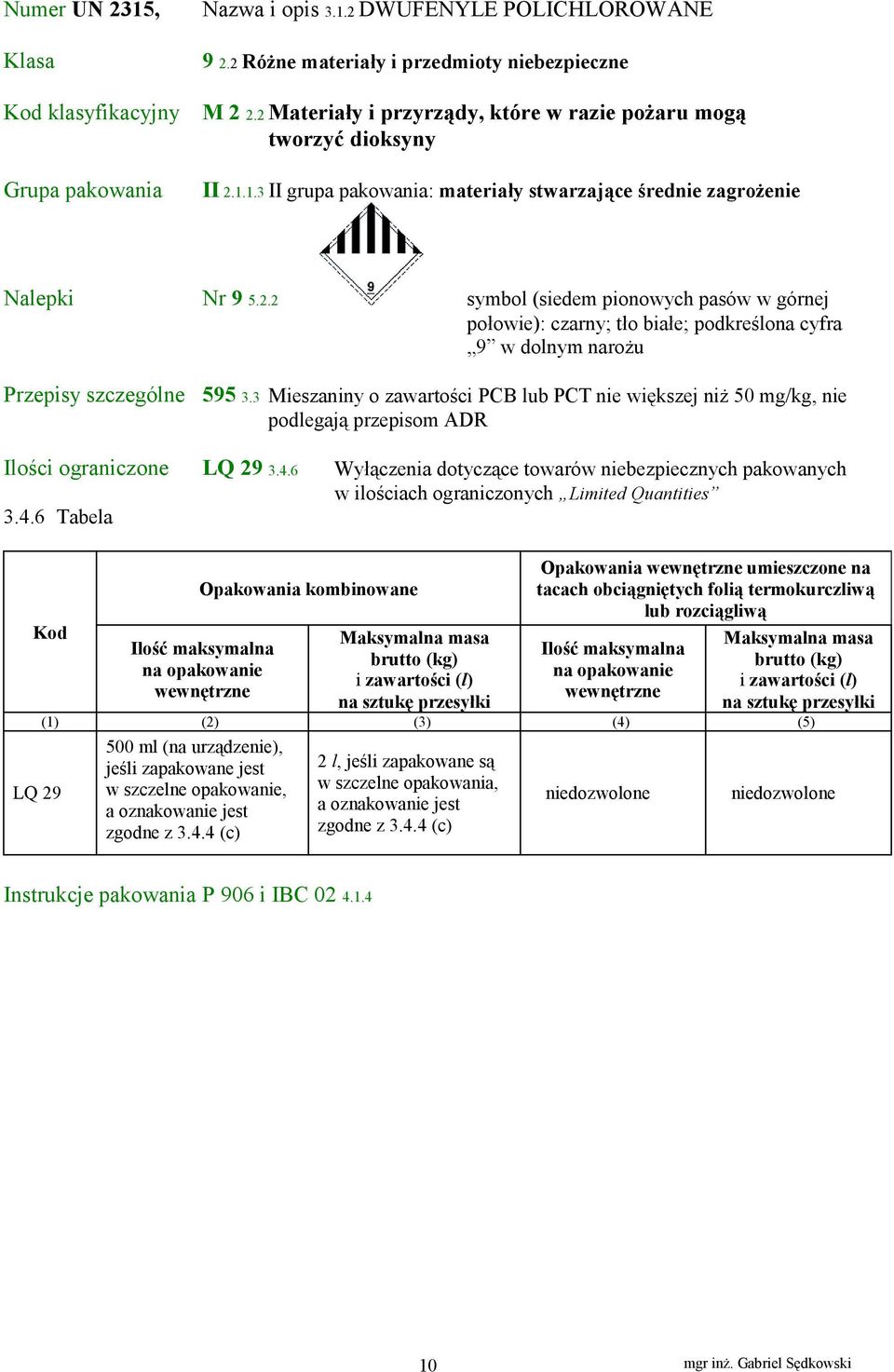 3 Mieszaniny o zawartości PCB lub PCT nie większej niż 50 mg/kg, nie podlegają przepisom ADR Ilości ograniczone LQ 29 3.4.