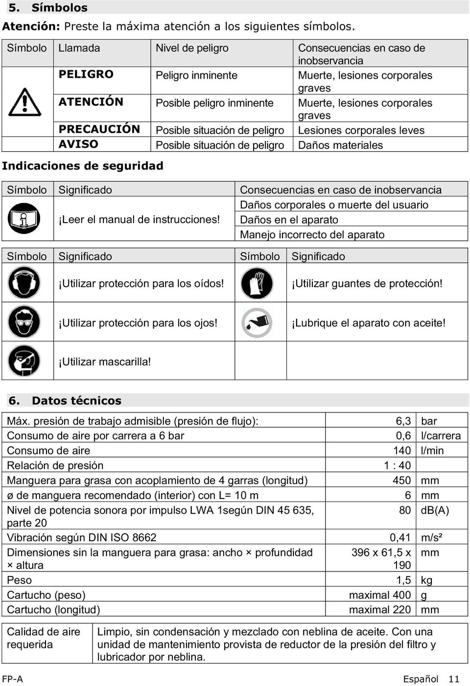 graves PRECAUCIÓN Posible situación de peligro Lesiones corporales leves AVISO Posible situación de peligro Daños materiales Indicaciones de seguridad Símbolo Significado Leer el manual de