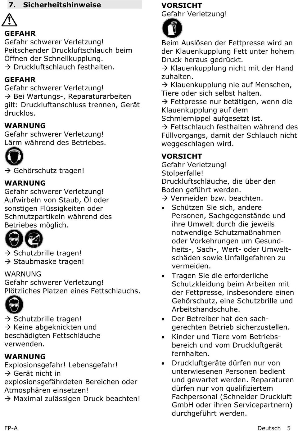 Aufwirbeln von Staub, Öl oder sonstigen Flüssigkeiten oder Schmutzpartikeln während des Betriebes möglich. Schutzbrille tragen! Staubmaske tragen! WARNUNG Gefahr schwerer Verletzung!